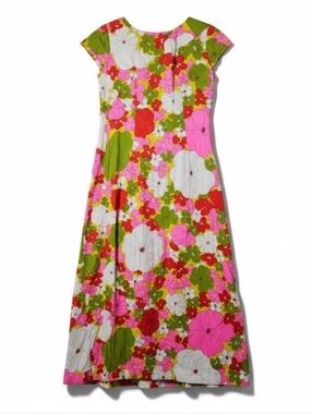 Vintage 60s Handmade S Pink Colorful Floral Midi Shift Dress Retro Hippie